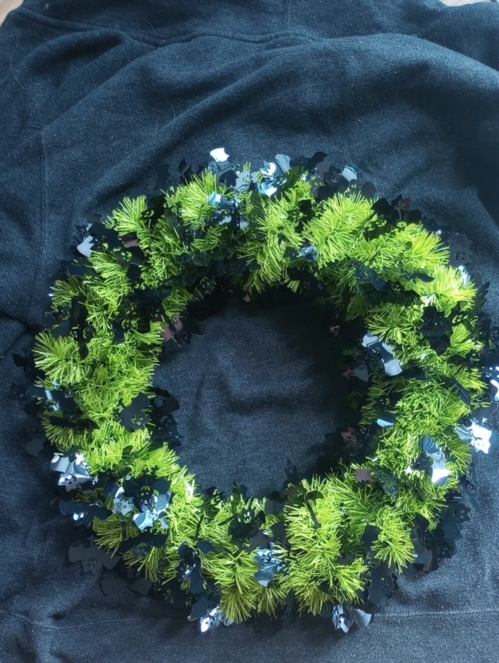 Kids Green and Black Halloween Tinsel Wreath